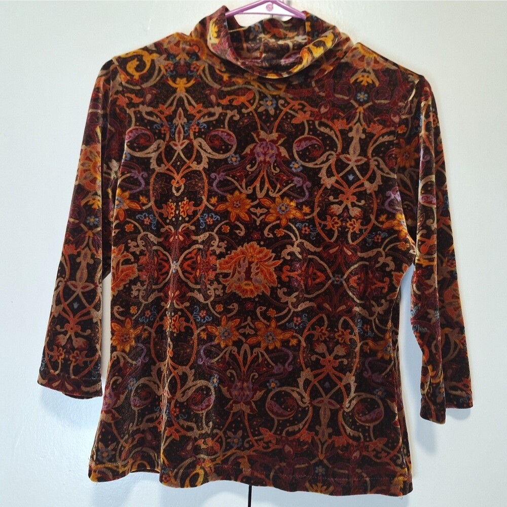 Paisley Floral Velvet Long Sleeve Turtleneck Shirt